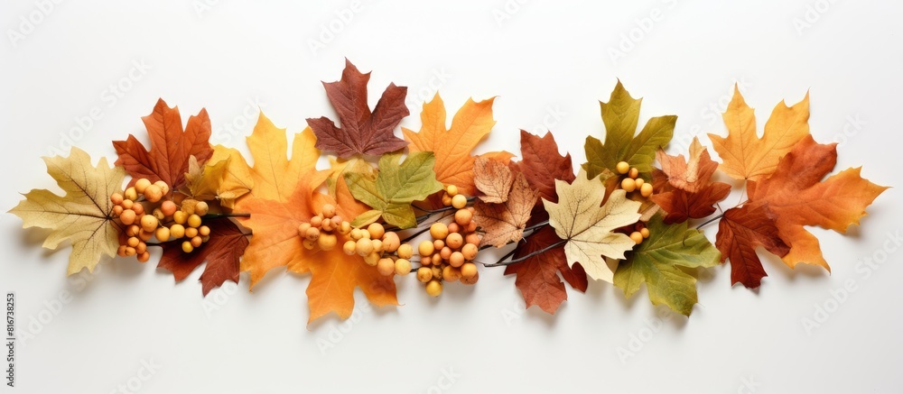 Aufkleber top down view of a thanksgiving themed fall leaf arrangement on a white background offering ample ro