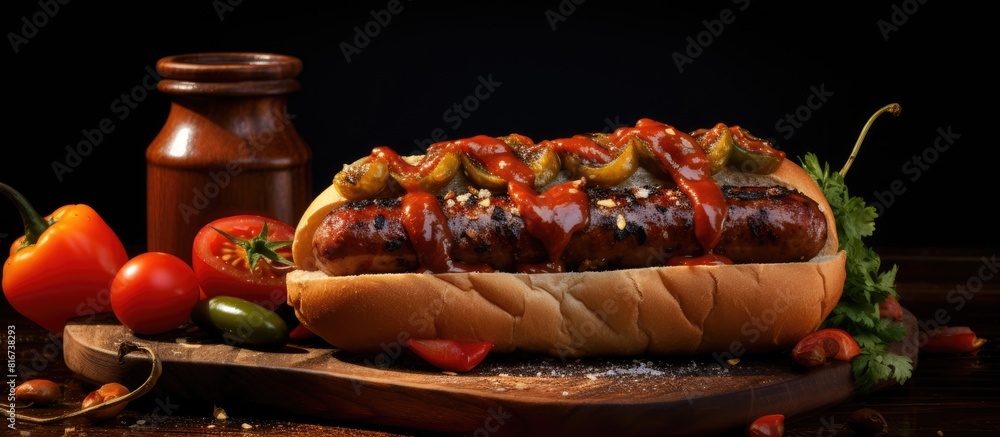 Poster A tasty and savory food item made of a grilled or steamed sausage placed in a soft bun often accompanied by condiments and toppings. with copy space image. Place for adding text or design