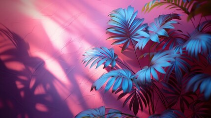 Summer background with palm leaves, neon gradient pink and purple colors.