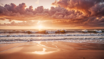 Fototapeta premium A picturesque beach scene with waves breaking on the shore at sunset against a backdrop of vibrant, dramatic clouds. 