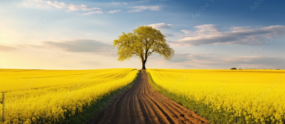 Aufkleber at sunrise a copy space image captures the panoramic view of a yellow canola field a distant country