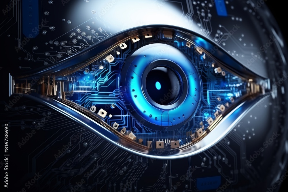 Poster cybernetic vision of hacker or ai robot eye in dark tech space, digital background close up