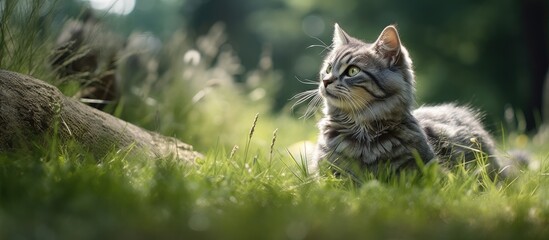 A spacious gray haired feline enjoying a leisurely time in the open air with plenty of empty space around copy space image