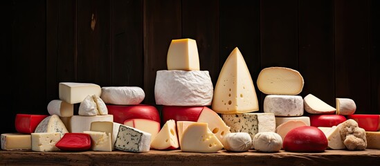 A visually appealing arrangement of red and white cheeses on a weathered wooden surface evenly illuminated to enhance their vibrant hues creating an attractive copy space image 195 characters