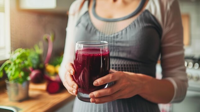 A woman is holding a glass of juice in her hand