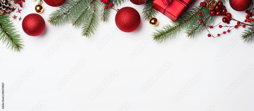 Poster a festive christmas scene with presents evergreen branches and red ornaments against a snowy white b