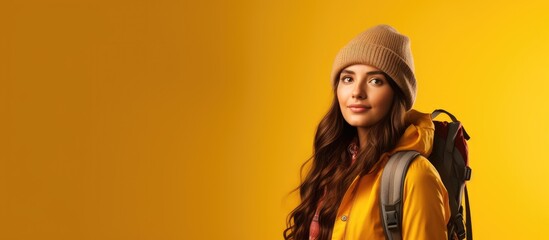 A young girl tourist wearing autumn clothes and carrying a camera and backpack stands against a yellow isolated background conveying a travel concept. with copy space image