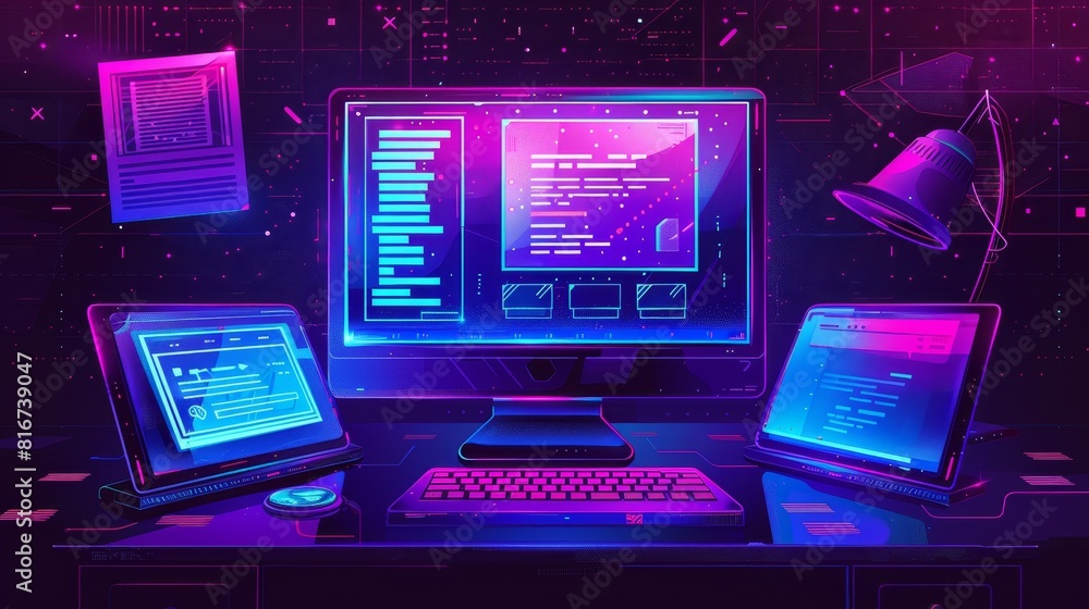 Poster modern illustration of vaporwave user interface design featuring 90s retro software windows open on 