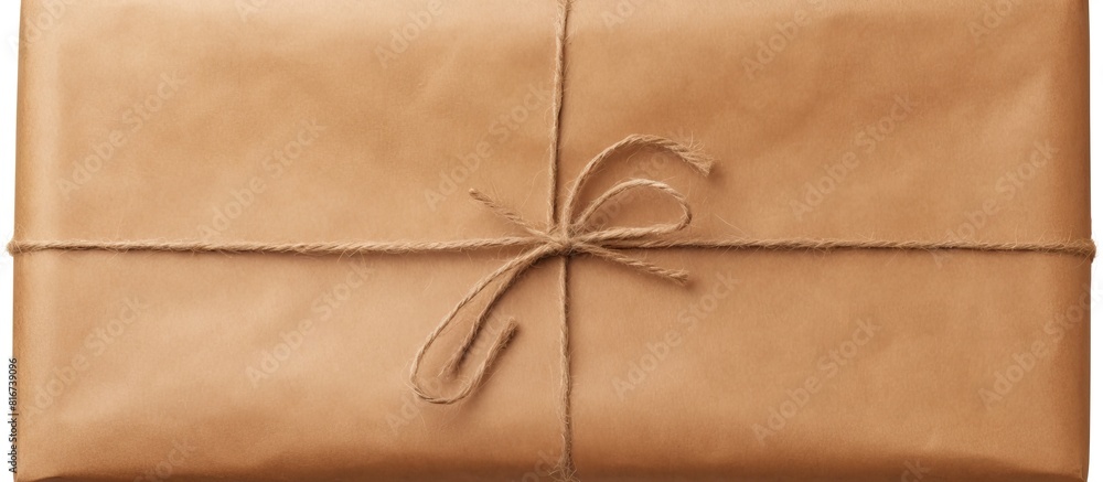 Aufkleber top view of a gift box wrapped in brown recycled paper and tied with a sack rope isolated on a white