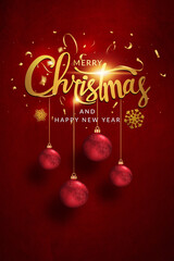 Gold Christmas and New Year Typographical on red Xmas background with winter landscape with ball decorate, light, stars. Merry Christmas card. 3d Illustration