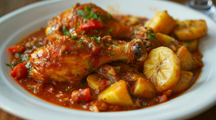 Delectable display of african chicken stew served with fried plantains and adorned with fresh herbs on a pristine white platter