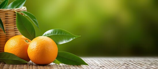 A refreshing orange fruit prepared for making juice is placed on a bamboo weave background with...