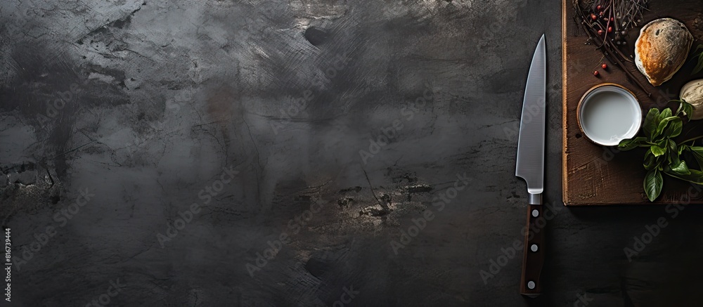 Poster copy space image of a steel kitchen knife displayed on a dark textured background alongside various 
