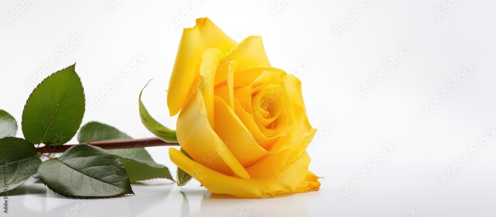 Poster a stunning yellow rose stands alone creating a picturesque image of tranquility against a white back
