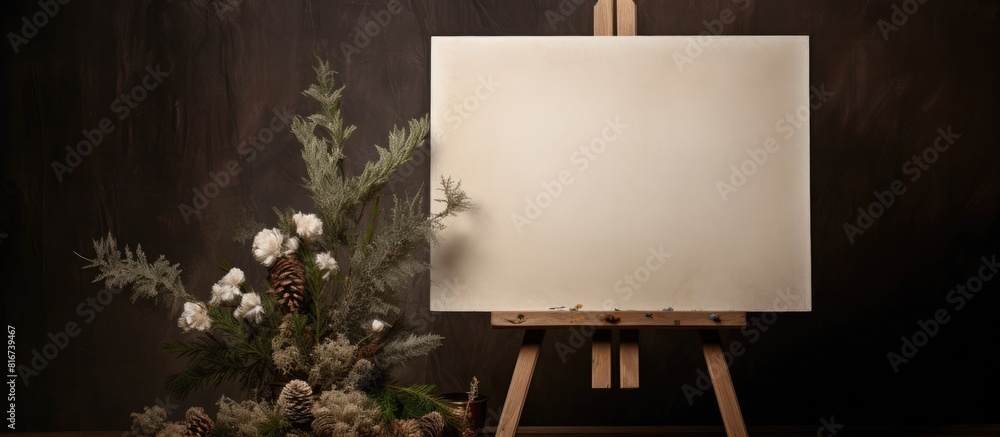 Poster Copy space image of a small easel adorned with empty card and pine branches providing ample room for adding text
