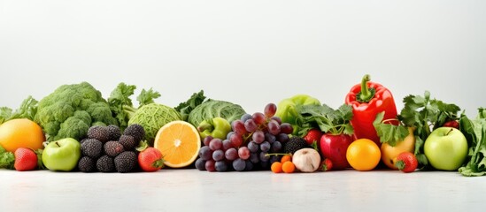 A vibrant mix of fruits and vegetables with a refreshing green color showcased against a clean white backdrop in this copy space image