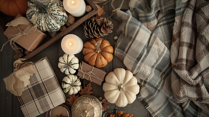 Thanksgiving assortment with candles pumpkins autumn plants on a wooden veranda