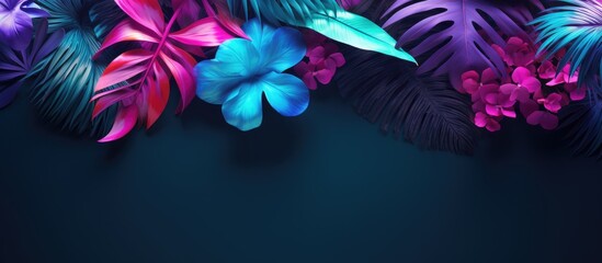 A vibrant floral neon background in shades of blue and purple accompanied by an arrangement of tropical paper leaves offers ample copy space for your text