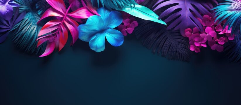 A vibrant floral neon background in shades of blue and purple accompanied by an arrangement of tropical paper leaves offers ample copy space for your text