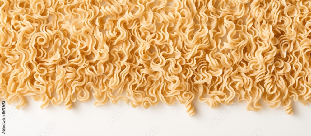 Poster Wholegrain instant noodles dry and uncooked are shown in a top view on a white background The image has a soft light and copy space for composition