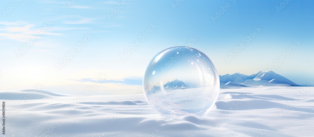 Poster a soap bubble rests gracefully against a backdrop of pristine white snow providing ample room for ad