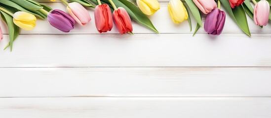Top view copy space image of fresh spring tulips flowers on a white wooden background perfect for congratulations and greeting cards