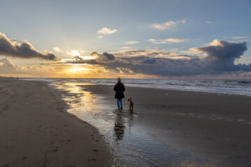 Naklejka premium Female with her pet dog walking along the shoreline of a beach at sunset
