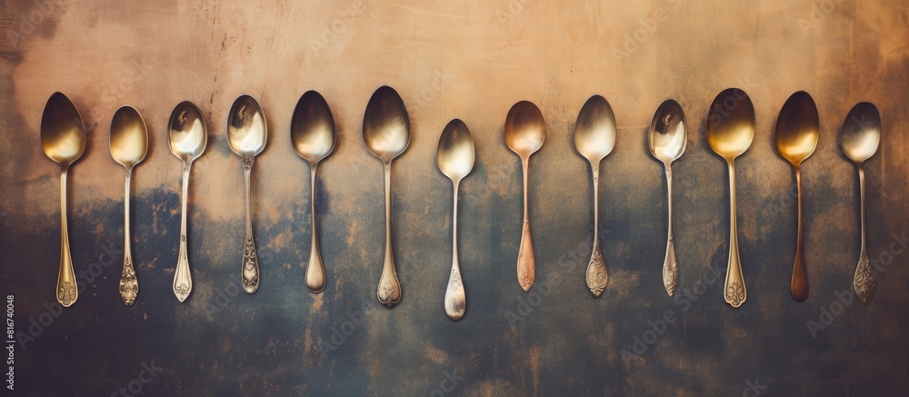 Poster Vintage tea spoons arranged neatly with plenty of space to add your own text or captions in the image. with copy space image. Place for adding text or design