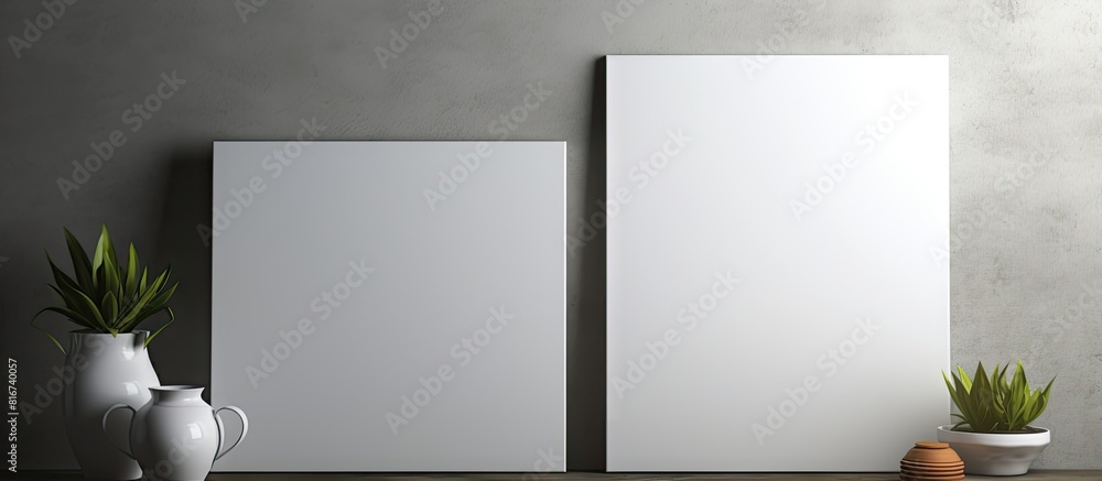Poster A white canvas mockup displaying a blank picture is placed on a shelf against the wall The presence of shadows adds depth to the image. with copy space image. Place for adding text or design