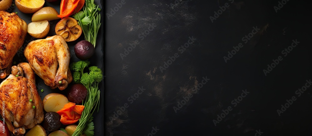 Poster The image showcases baked chicken legs potatoes and vegetables on a black stone background The meat is displayed from a top view providing ample free space for copy