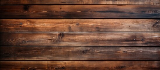 Copy space image of a vintage brown wooden background with visible knots and nail holes resembling an old painted wood wall The horizontal dark boards create an abstract and vintage atmosphere Perfec
