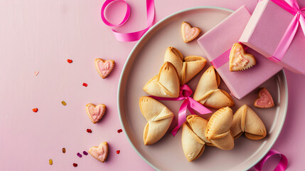 Composition with plate of tasty fortune cookies 