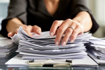 A woman is holding a stack of papers and appears to be overwhelmed
