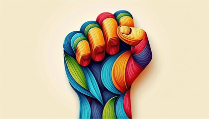 Colorful raised fist of flowing lines symbolizing strength and unity on a light backdrop