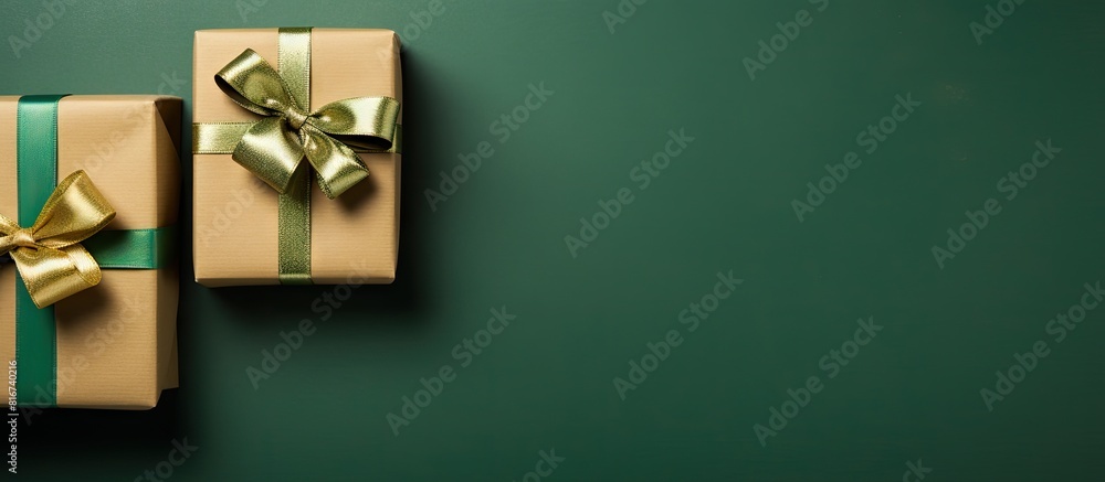 Aufkleber Top view of three handcrafted gifts arranged on a green background with copy space available for your text