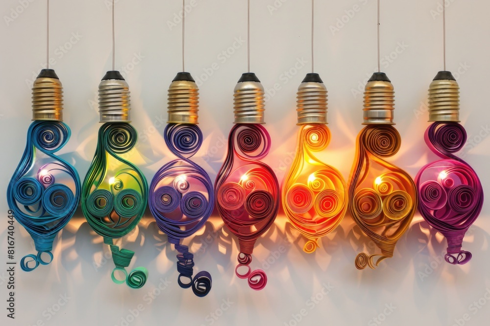 Poster a row of colorful light bulbs hanging on a wall. perfect for adding a pop of color to any room decor