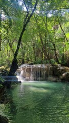 Naklejka premium Scenic view of Erawan Falls in West Thailand in the Tenasserim Hills range of Kanchanaburi Province.