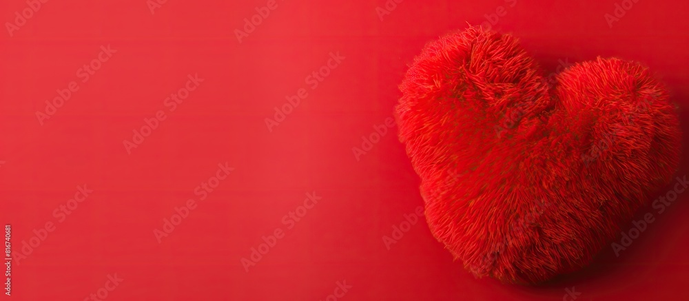 Aufkleber Top view copy space image of a soft toy heart on a vibrant red background setting the mood for a Valentine s Day love background Perfect for creating banners or designing cards