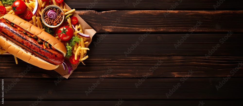 Aufkleber A top down view of a BBQ hot dog arrangement on a table with a dark wooden banner in the background allowing room for additional images or text