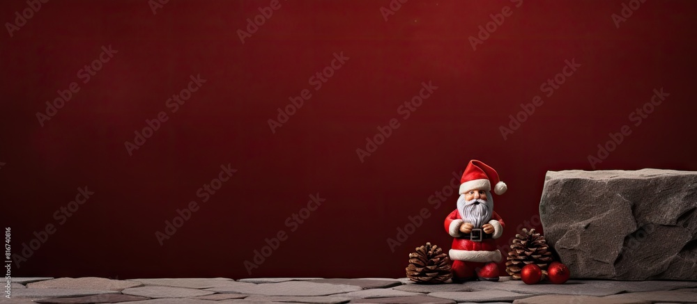 Poster A Santa figurine a gift box and pine cones are displayed on a red table against a blurred stone wall There is plenty of space on the right side for a copy space image Ideal for a Christmas or New Year