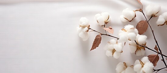 Top view of a stunning cotton branch resting on white fabric with a copy space image The fabric exhibits a natural cotton texture accompanied by delicate white cotton flowers on a light colored cotton