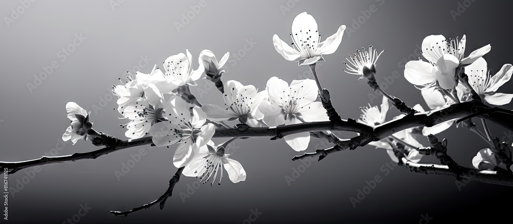 Poster in springtime a striking nectarine tree with beautiful flowers blooms against a black and white back