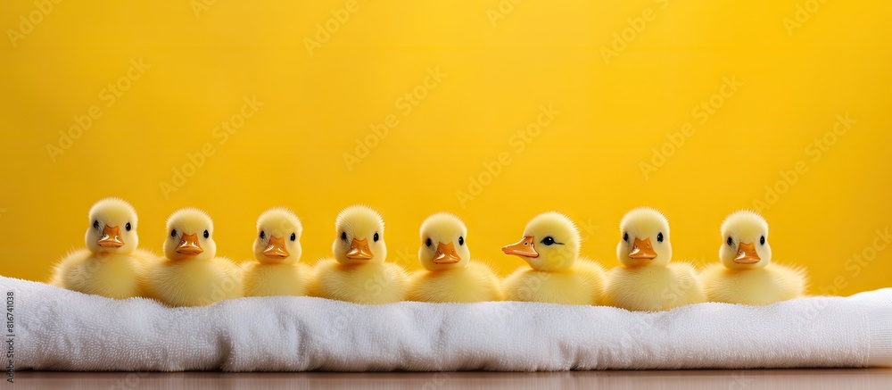Poster A vibrant yellow background adorned with neatly arranged white towels and bath ducks creating an inviting copy space image