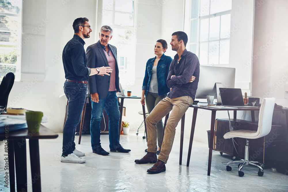 Poster group, people and web designer in office for discussion, brainstorming or conversation in company or