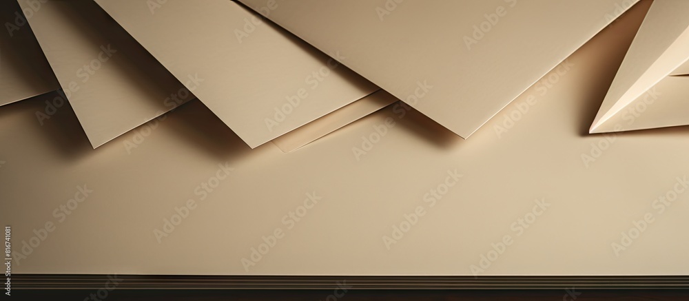 Poster a table view displays a geometric arrangement of 5 stacked cardboard paper sheets as a background wi