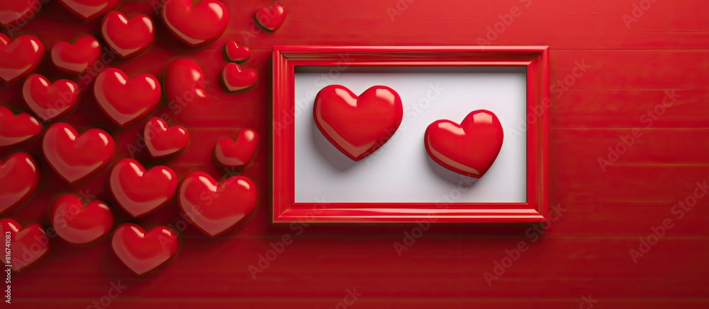 Poster a valentine themed arrangement with a red background featuring a wooden picture frame a heart and am