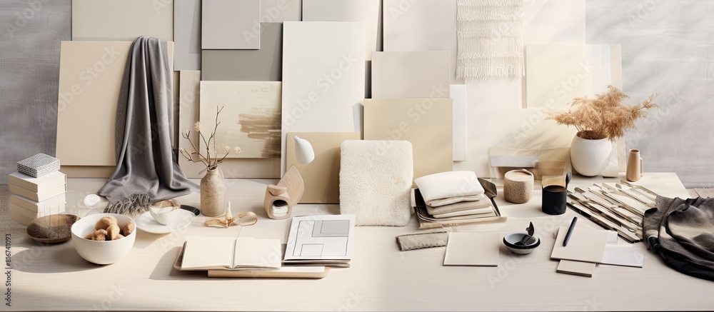Poster stylish interior designer moodboard featuring a light beige color palette with aesthetic flat lay co