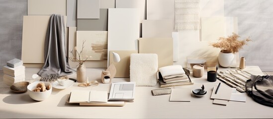Stylish interior designer moodboard featuring a light beige color palette with aesthetic flat lay composition includes textile and paint samples handle panels and cement tiles Copy space image availab