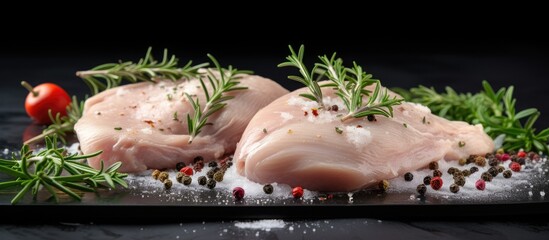 The image showcases a close up view of raw chicken breast fillets on a gray background accompanied by fresh herbs It features copy space and represents organic food and healthy eating making it suita