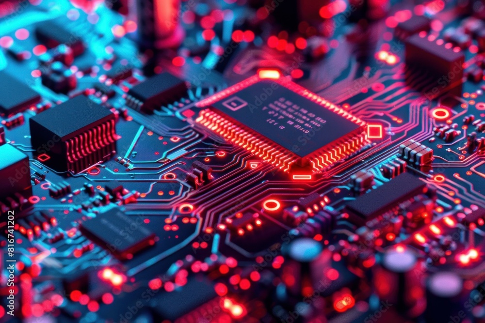 Aufkleber closeup of an illuminated microchip on a detailed printed circuit board in vibrant colors